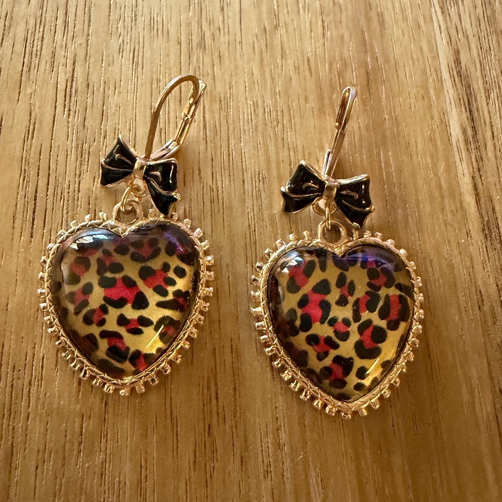 Betsey Johnson Gold-Tone Leopard Animal-Print Heart Drop Earrings